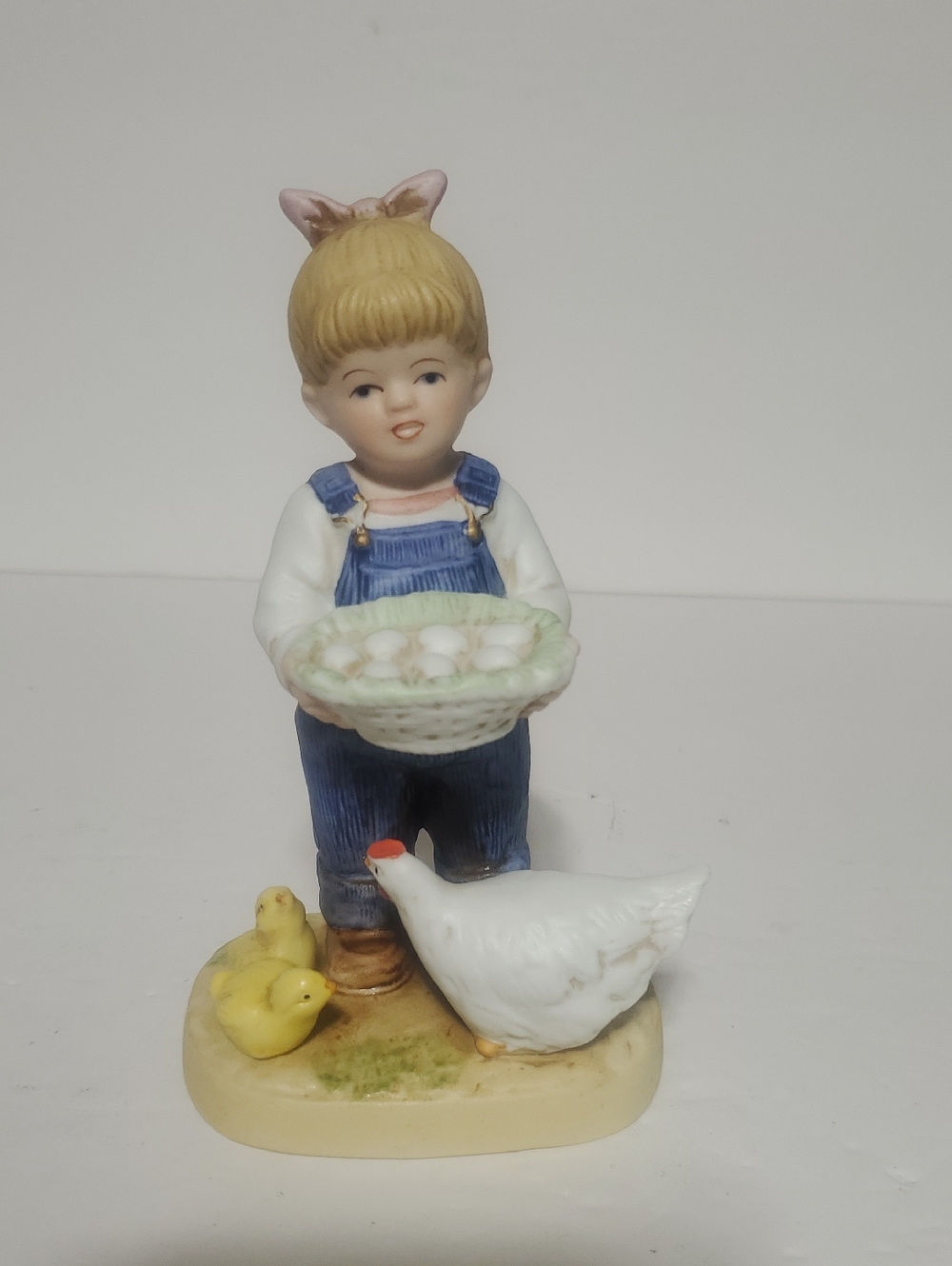 Homco Denim Days White Porcelain Figurine with Blue Overalls and Pink Bow